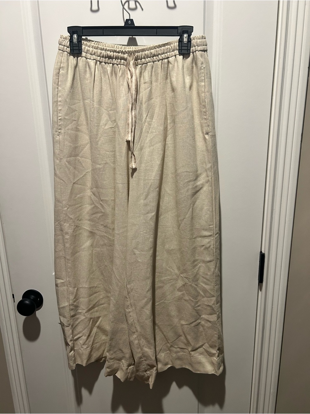 Wide Leg Linen Drawstring Lounge Pants in Light Beige